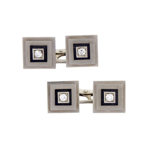 Pair of Art Deco diamond, onyx and black enamel square panel cufflinks set in 18ct white gold, Italian c.1925,